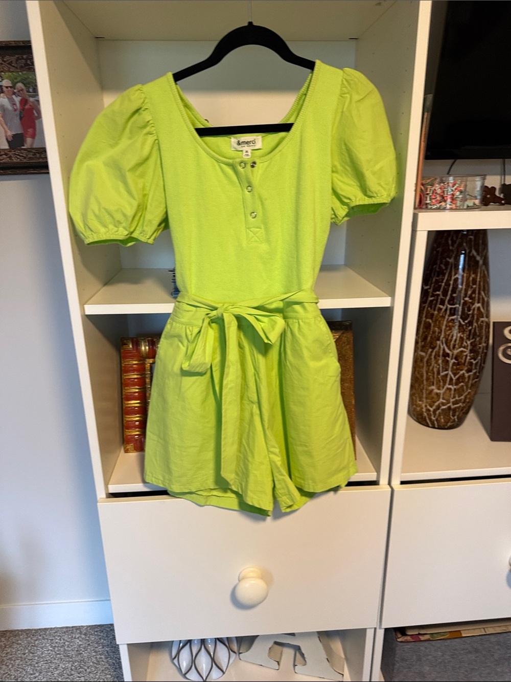 Girls' Lime Green Puff Sleeve Romper with Tie Waist